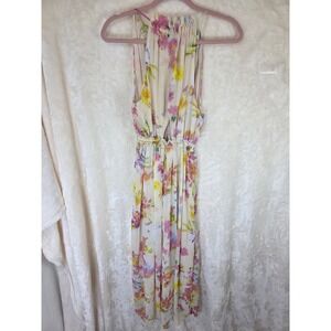 Room 34 Floral Maxi Dress Womens Medium Cream Pink Yellow Watercolor Cutout Back